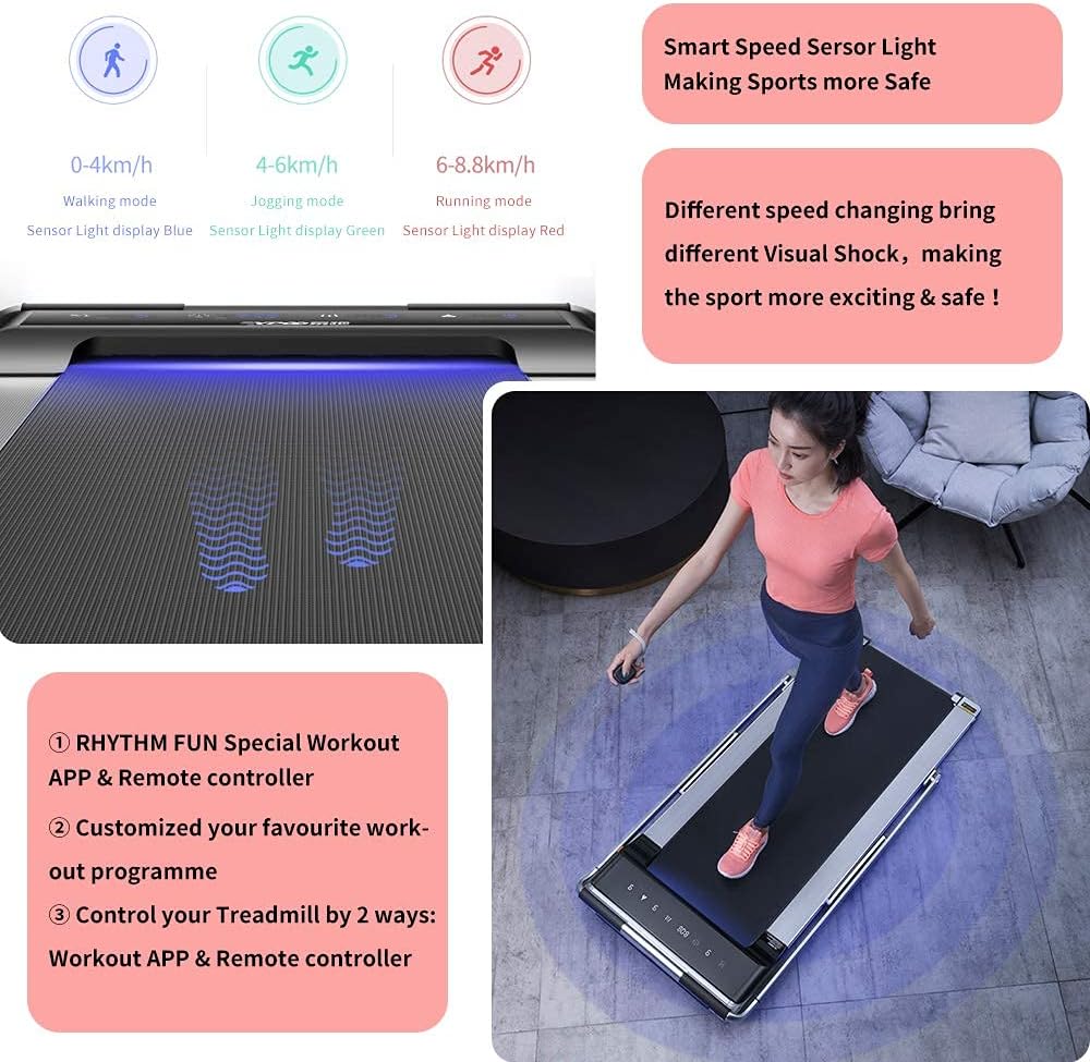RHYTHM FUN Treadmill Under Desk Treadmill 2-in-1 Folding Running Walking Treadmill with Foldable Handtrail and Speed Sensor Light Slim Mini Quiet Treadmill with Smart Remote Workout App forHome/Office