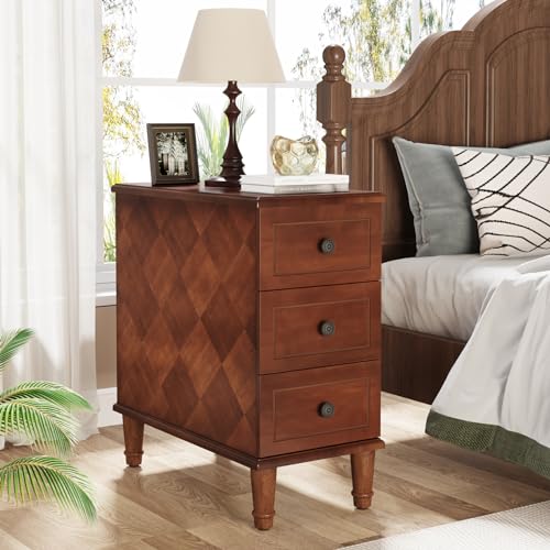 Fully Assembled End Table, Narrow Side Table with 3 Drawers, Pre-Assembled Nightstand Slim Bedside Table for Small Spaces, Living Room, Bedroom, Brown