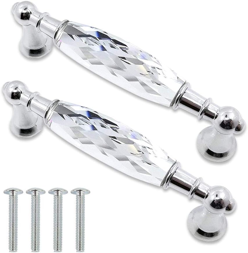 2 Pack MOOD.SC 3-3/4 in (96 mm) Center-to-Center Glass Dresser Drawer Handles Clear Pulls Knob Chrome Metal Silver Modern Crystal Cupboard Cabinet Handle Pull Bathroom Knobs (3.75 Style A)