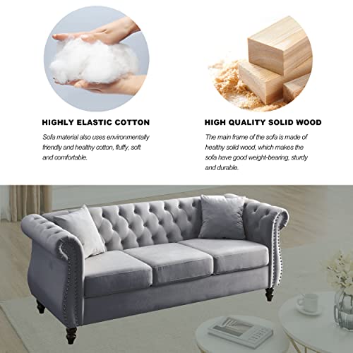 Chesterfield Sofa Couch, 80" W Velvet 3 Seater Sofa Tufted Couch with Rolled Arms and Nailhead for Living Room, Bedroom, Office, Apartment - Beige