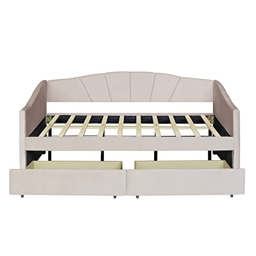 Harper & Bright Designs Twin Size Daybed, Upholstered Daybed with Two Storage Drawers, Wood Daybed Twin Size, Wood Slat Support Day Bed Frame, No Box Spring Needed, Easy Assembly, Beige