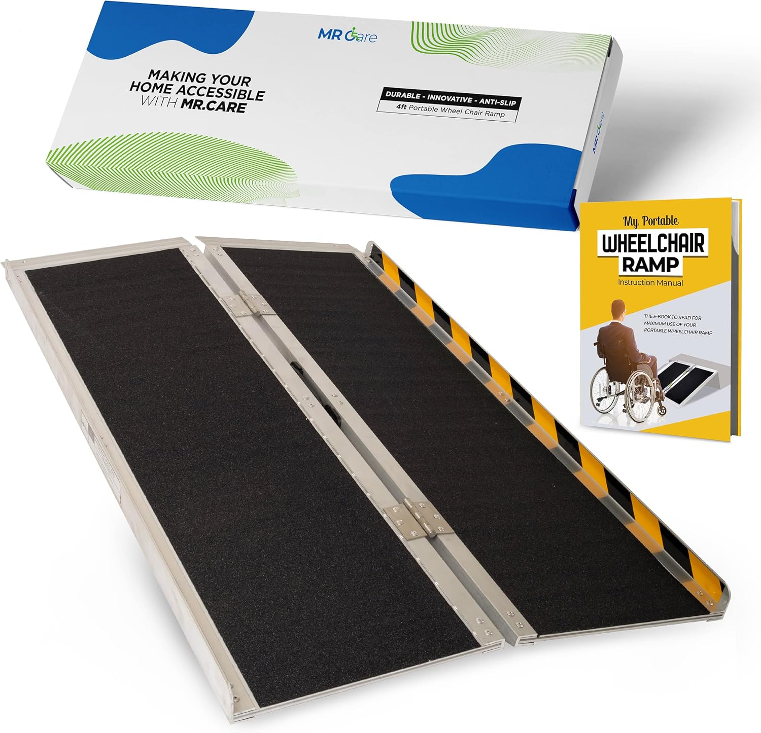 MR CARE Portable Wheelchair Ramp | Lightweight Foldable Ramps for Wheelchairs with Handle | Featuring Unique Yellow Reflective Caution Stickers | Perfect Wheel Chair Ramp for Home Steps (2FT)