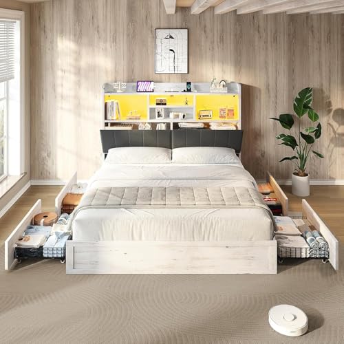 Full Farmhouse Bed Frame with Bookcase Headboard and 4 Drawers, LED Storage Bed with Charging Station & Linen Upholstered, No Box Spring Needed, Black