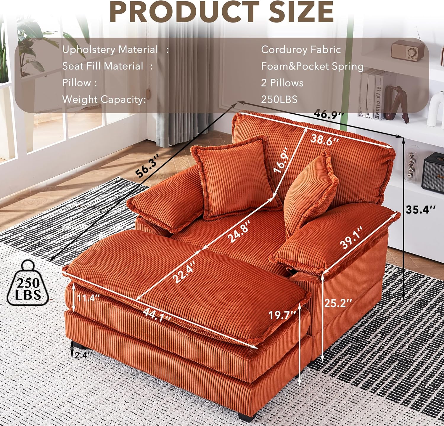 56.3'' Oversized Chaise Lounge Indoor, Wide Corduroy Single Sofa Chair with Ottoman, Plush Upholstered Deep Seat, Lazy Sleeper Sofa for Living Room, Apartment, Salon, Home Theater, Orange