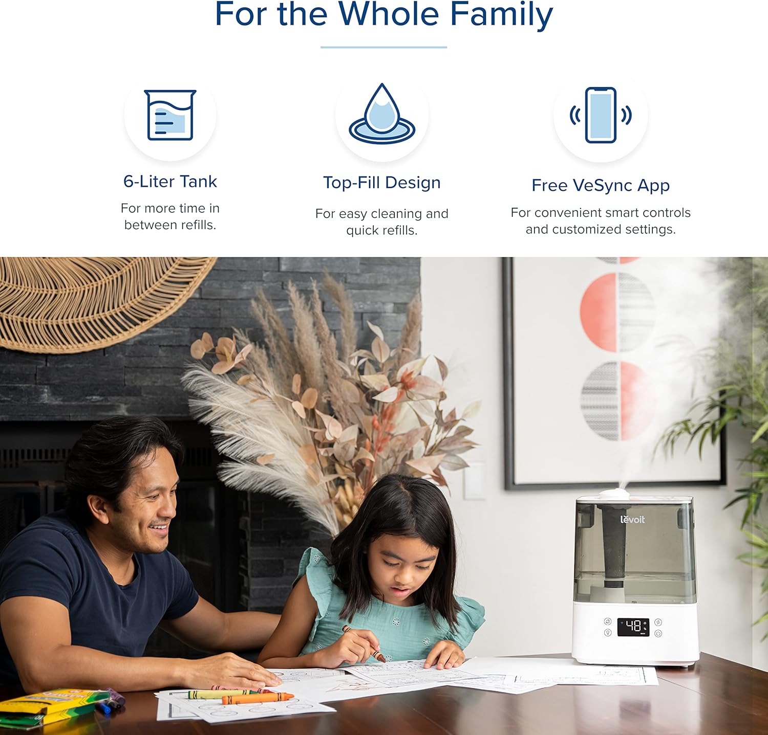 LEVOIT Humidifiers, Blue & Humidifiers for Bedroom Large Room Home, Smart Wifi Alexa Control, 6L Top Fill Cool Mist for Baby and Plants, Ultrasonic, Essential Oil Diffuser, Gray