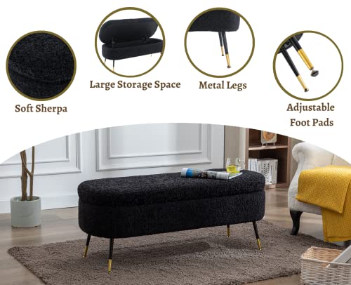 EALSON Modern Storage Bench Sherpa Storage Ottoman Bench with Metal Legs Upholstered Bedroom End of Bed Bench Long Seating Bench Entryway Stool for Living Room/Foyer, Black