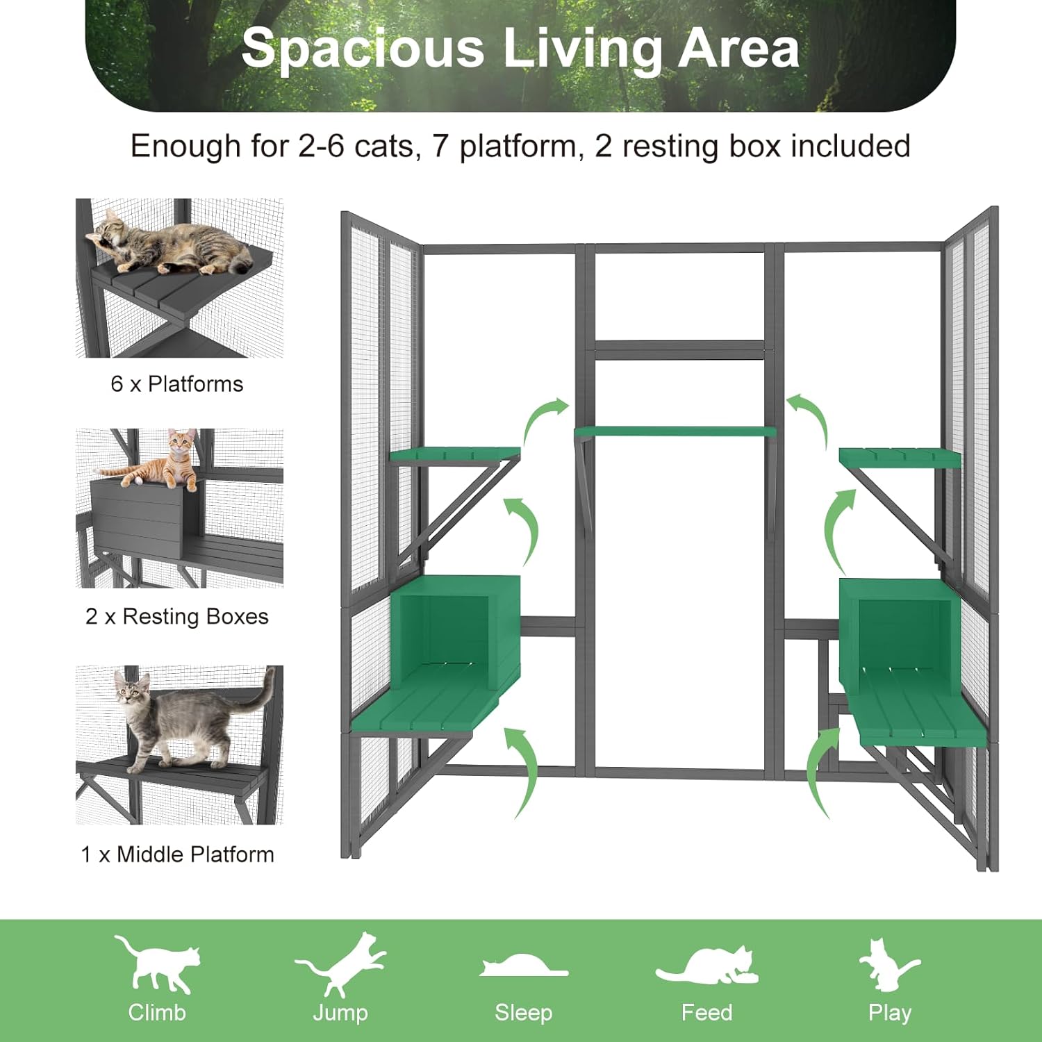Cat Catio, Large Cat House Outdoor, Outside Cat Enclosure with Sunshine Panel Roof and Waterproof Cover, Wooden Cat Cage with 7 Platforms & 2 Resting Box, Walk in Feral Cat Shelter, 72 inch