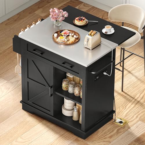 YITAHOME Kitchen Island with Stainless Steel Top & Drop Leaf, 47 Inch Kitchen Island on Wheels with Power Outlet, Rolling Portable Mobile Kitchen Cart w Storage Drawer Cabinet Counter Metal Top, White