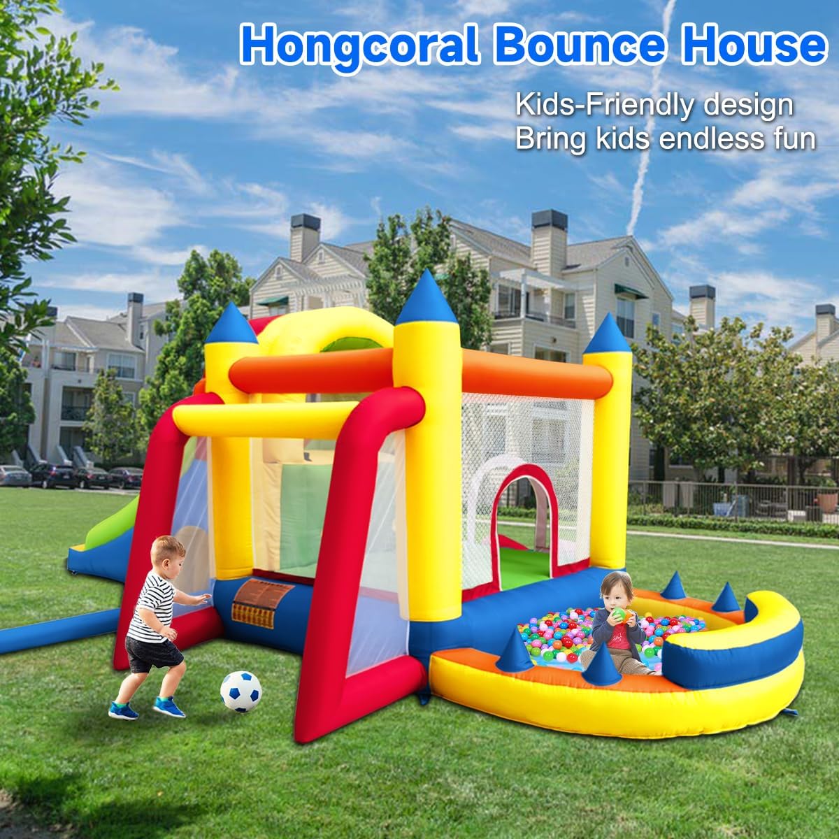 Inflatable Bounce House, 8 in 1 Large Bounce Castle with Blower for Kids and Toddlers, Outdoor Indoor Backyard Inflatable Bouncers with Two Slides