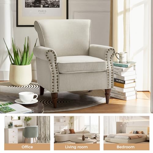 HULALA HOME Modern Accent Chair with Wooden Legs & Nailhead Trim, Small Fabric Club Chair, Comfy Upholstered Armchair Lounge Chair for Bedroom Living Room Single Sofa(Ivory)