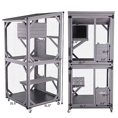 Aivituvin Cat Catio Outdoor Cat house Wooden Large Enclosure with Run on Wheels 70.9" Upgraded Version Catio with Reinforcement Strip,Waterproof Roof (grey)