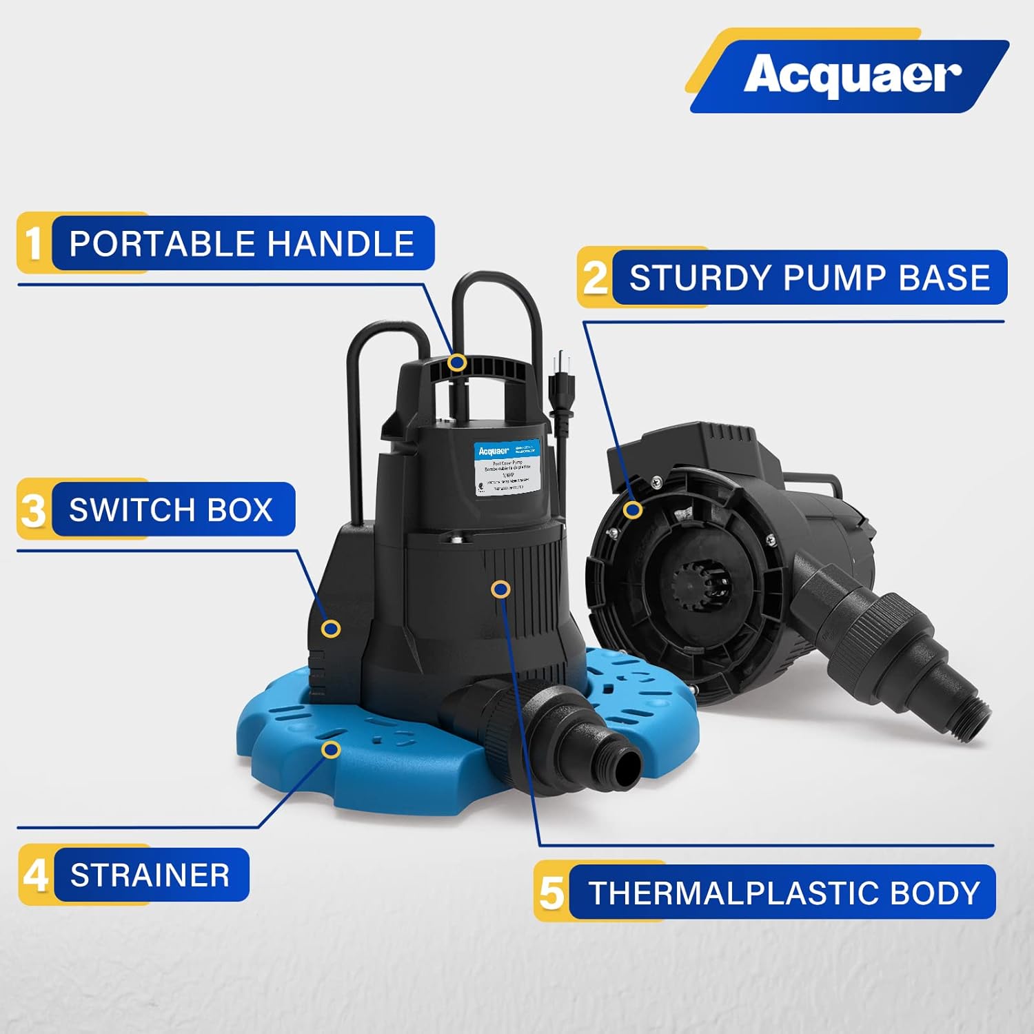 Acquaer 1/4 HP Automatic Swimming Pool Cover Pump, 115 V Submersible Pump with 3/4” Check Valve Adapter & 25ft Power Cord, 2250 GPH Water Removal for Pool, Hot Tubs, Rooftops, Water Beds and more Pack of 2