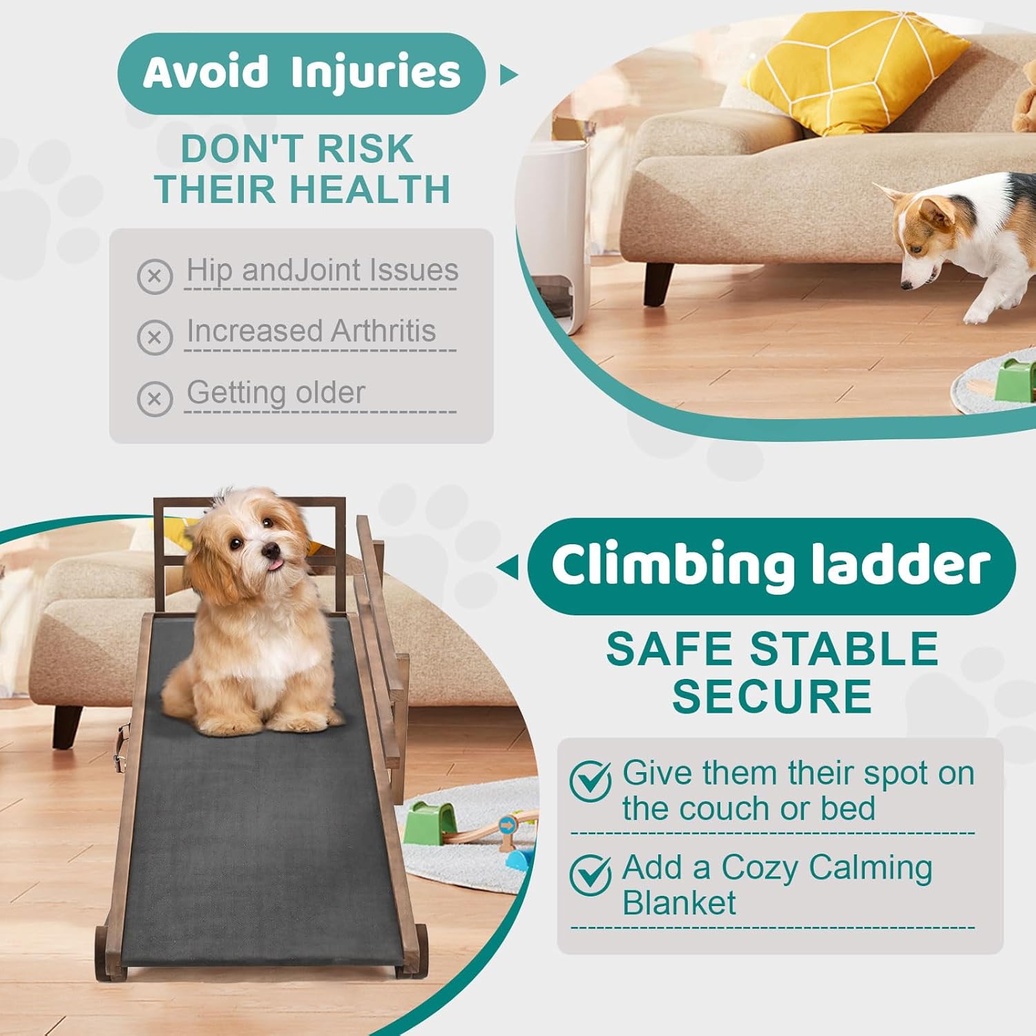 Dog Ramp, 5 Level Adjustable Folding Pet Ramp for High Bed, Upgrade Rubber Mat High Traction Ramp, Wooden Folding Pet Ramp for Bed, Couch,SUV, Natural Wood Pet Ramp for Small & Old Dogs & Cat