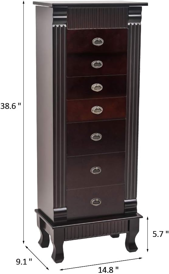 Standing Jewelry Armoire Cabinet,Jewellery Box Organizer Storage Chest with 7 Drawers,2 Swing Doors,16 Necklace Hooks,Brown