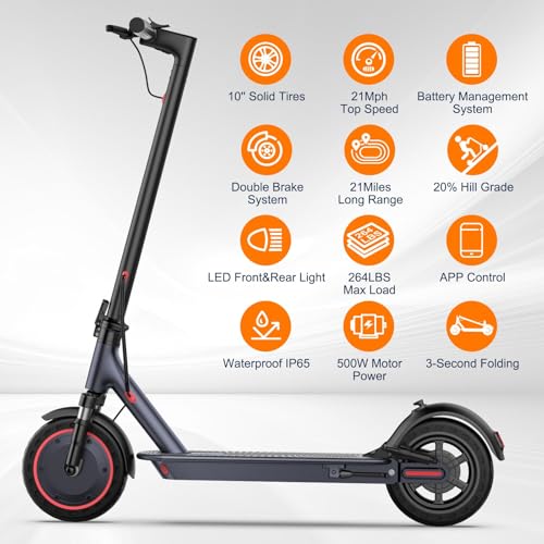 Electric Scooter, 10" /8.5" Solid Tires, 500W/350W Motor,19/22Mph, 22/28/52 Miles Long Range, Folding E-Scooter with Dual Suspension and Braking System
