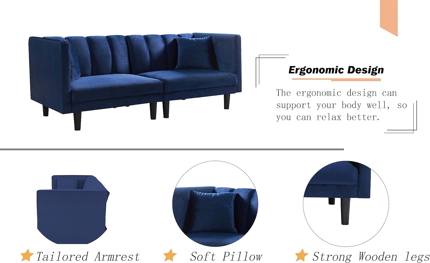73.2" Tufted Split Back Futon Bed, Velvet Upholstered Convertible Loveseat Sleeper Armrest, Folding Reclining Small Love Seat Sofa & Couches for Living Room, Navy Blue