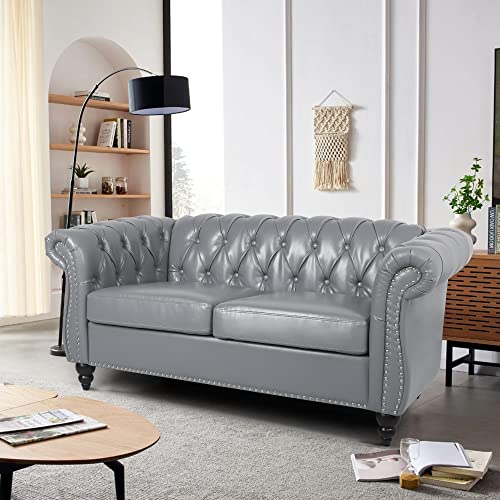 3 Piece Living Room Set, Chesterfield Velvet Sofa Loveseat Couch Chair with Scroll Arms and Nailhead for Living Room, Office (Beige, 1-2-3)