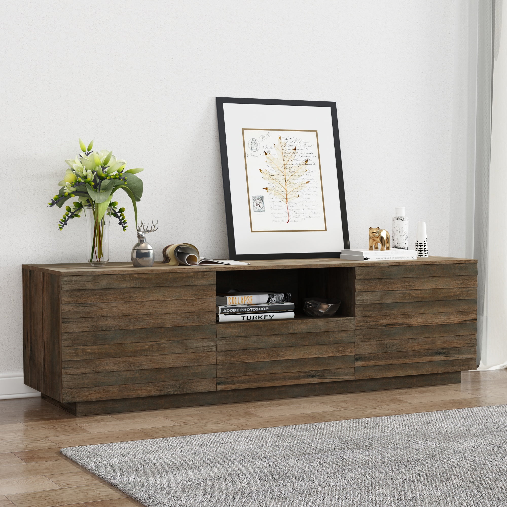 BELLEZE Modern Farmhouse 65" TV Stand for TVs Up to 75", Media Console Table with Open Shelf, Storage Drawer Unit for Bedroom, Living Room - Discover (Brown)
