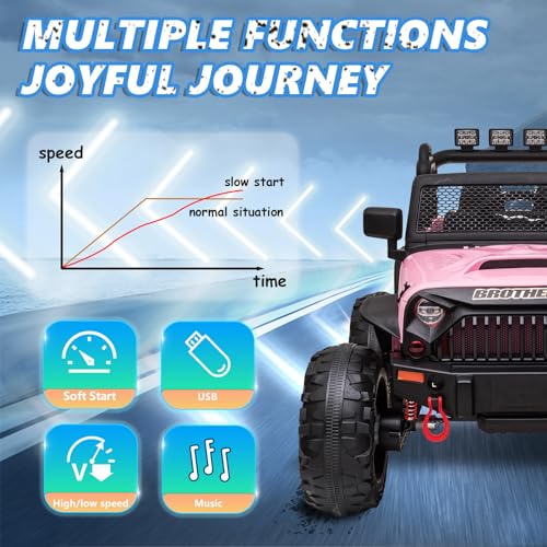 24V Electric Cars Vehicles Toys for Kids -2 Seater, 4x200W Powerful Wheels 4WD Ride on Truck Kids with 3 Speed Remote Control Spring Suspension, Bluetooth, MP3 Music, Soft Brake (Hot Pink)