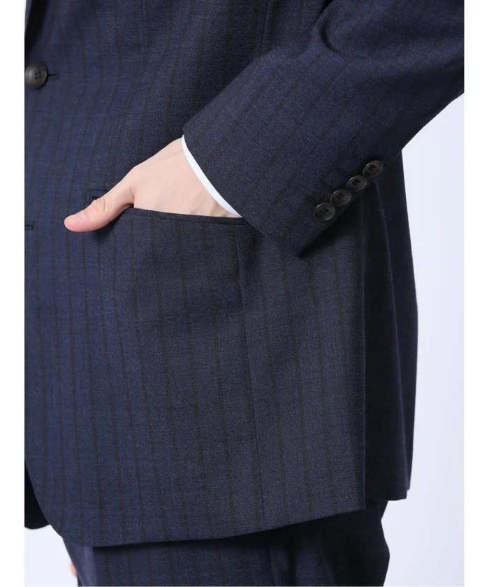 Wool Blend Regular Fit 2-Button 2-Piece Suit Navy Stripe