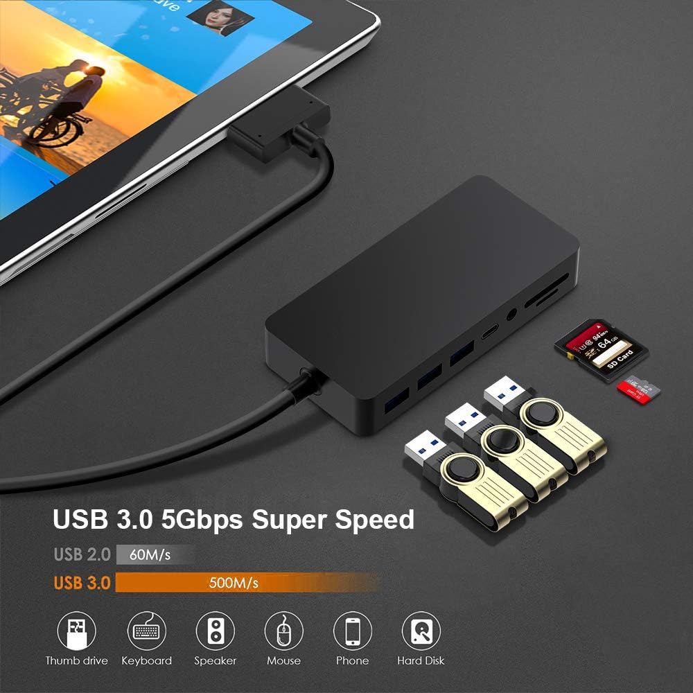 Surface Pro Dock Station Dual Monitor Compatible with Surface Pro 6/5/4, Surface Docking Station with DP, HDMI, VGA, 3 USB, RJ45, USB C, SD TF Slot, and Audio, Hub Combo Dock for USB Surface Pro