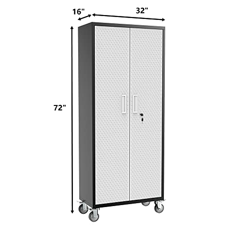 Tall Metal Garage Storage Cabinet, 72" Tool Storage Cabinet Utility Locker with Wheels, Adjustable Shelves & Locking Doors- Pantry Cabinets for Kitchen, Classroom, Bathroom, Basement Organization