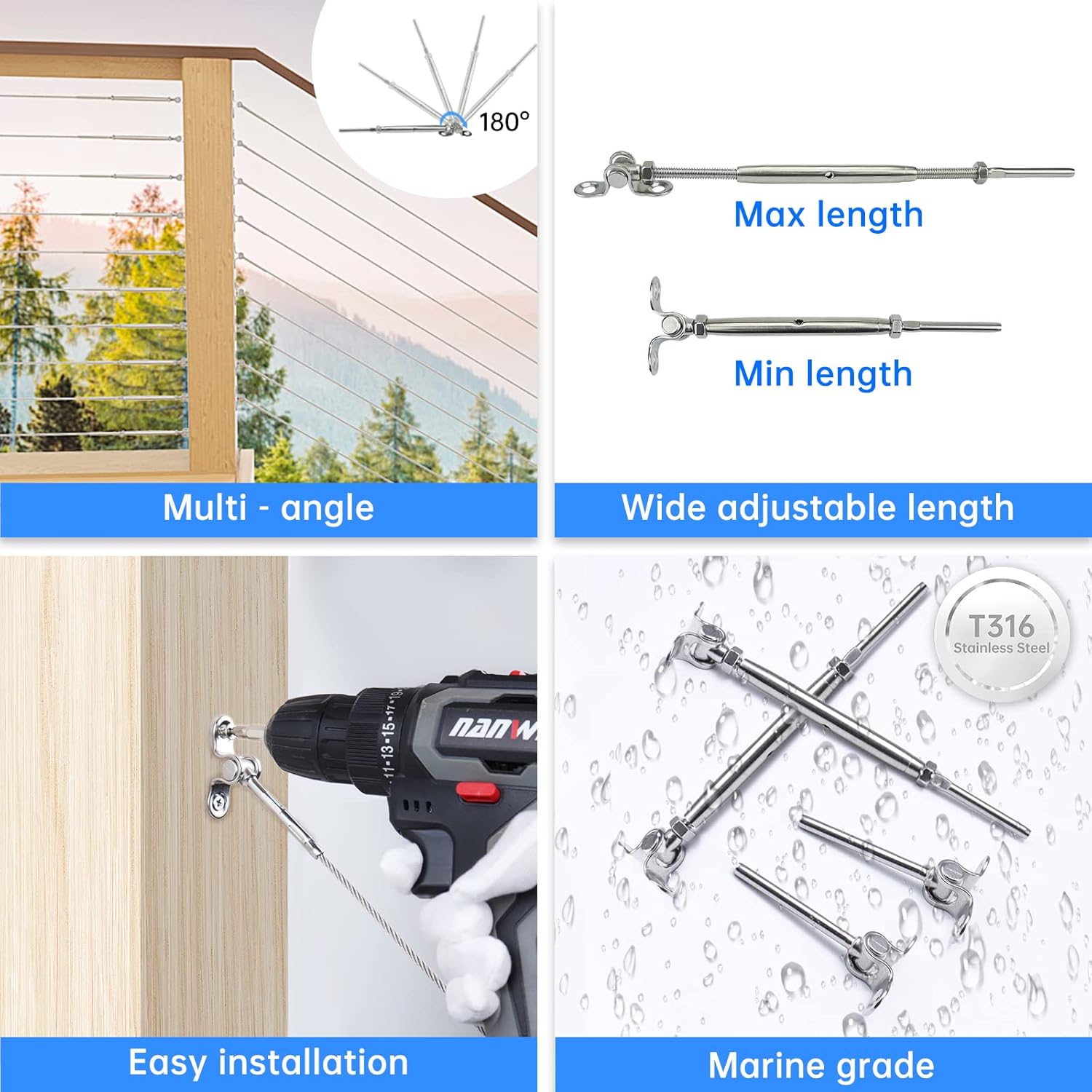 Muzata 32Set Cable Railing Kit 1/8 Swage Toggle Turnbuckle Hardware T316 Stainless Steel for Wood Post WoodEasy System Angle 180��Adjustable Stairs Deck 32 Cable Lines CK07 NN1,CA4 CA5