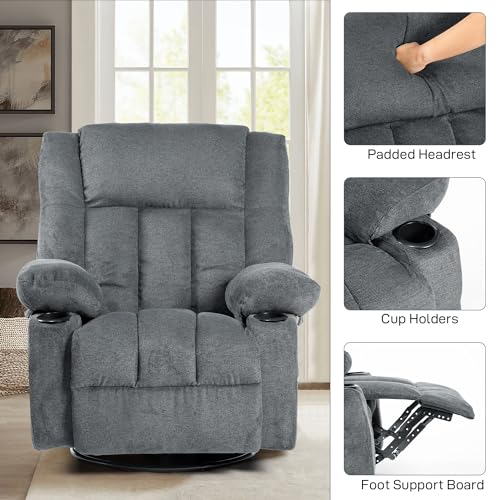 Recliner Chair Massage Fabric Recliners with Heated, 360 Degree Swivel Single Sofa with Cup Holders and Side Pockets Rocking Chair for Living Room