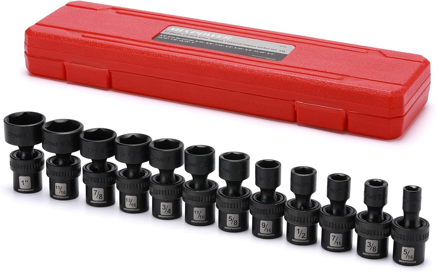 MIXPOWER 10-piece 3/8" Drive Shallow Universal Impact Socket Set, Metric,10-19mm, Swivel Socket with Flexible Wobble, CR-MO