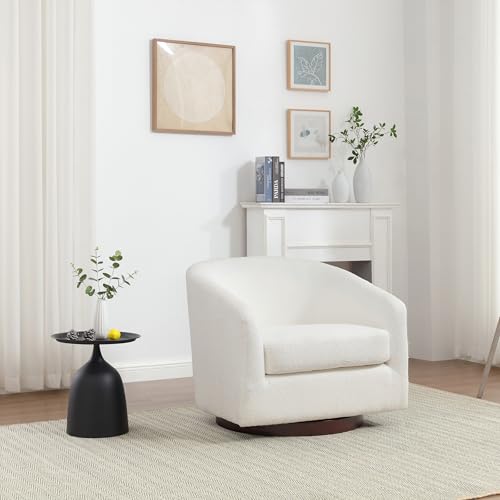 MINCETA Accent Chairs,Oversized 360 Swivel Barrel Chairs(Seat Area:23.6" D x 24.4" W),Modern Boucle Armchair with Wood Base for Living Room and Bedroom,PU Leather in Brown