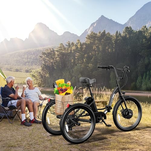 ANCHEER Electric Tricycle for Adults, 350W(Peak 550W) Etrike, 48V/499Wh Ebike, 24" Folding 3 Wheel Electric Trike, 15.5MPH & 55Miles Electric Bike, Rear Differential, Rear Basket