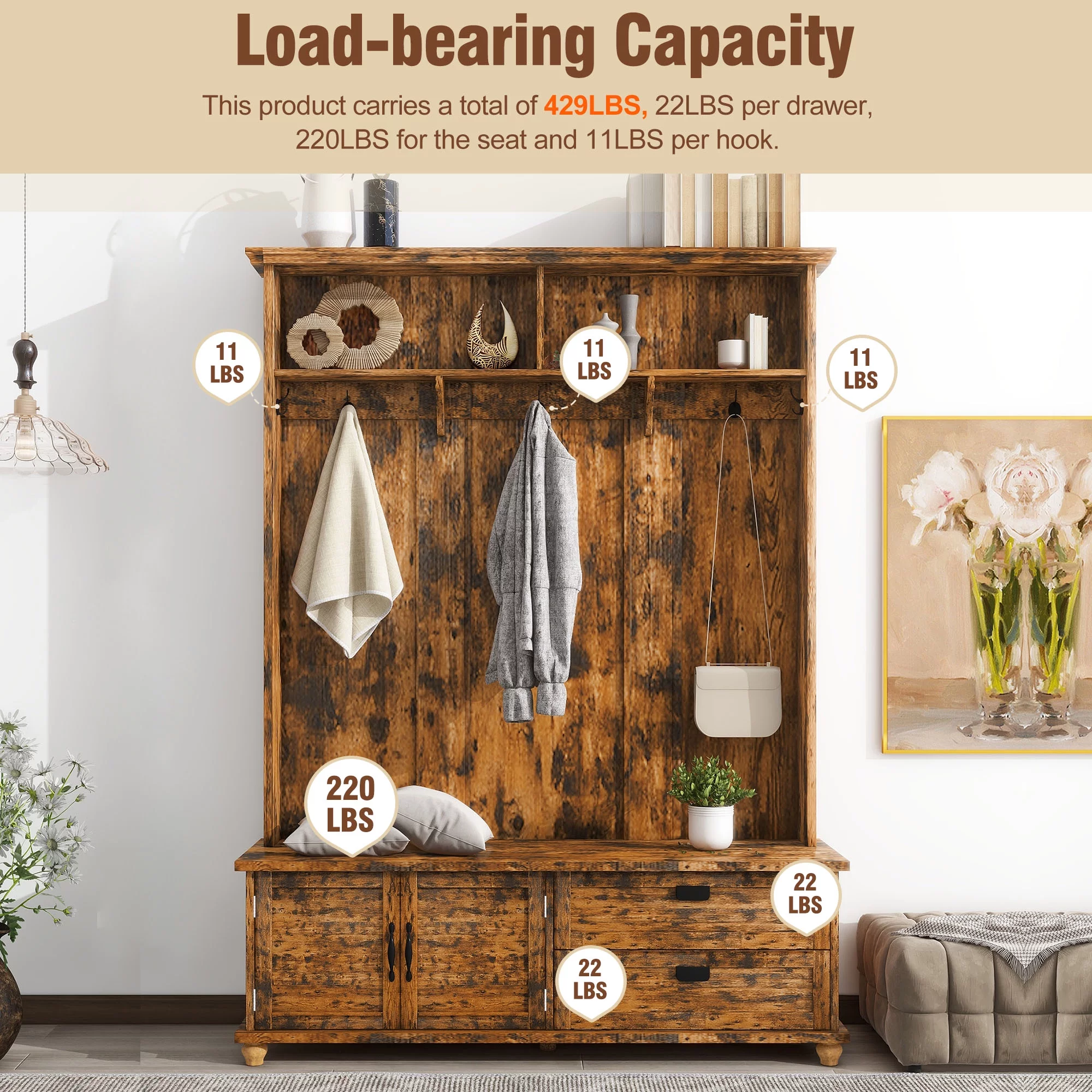 Modern Style Hall Tree with Storage Cabinet and 2 Large Drawers, Widen Mudroom Bench with 5 Coat Hooks, Rustic Brown