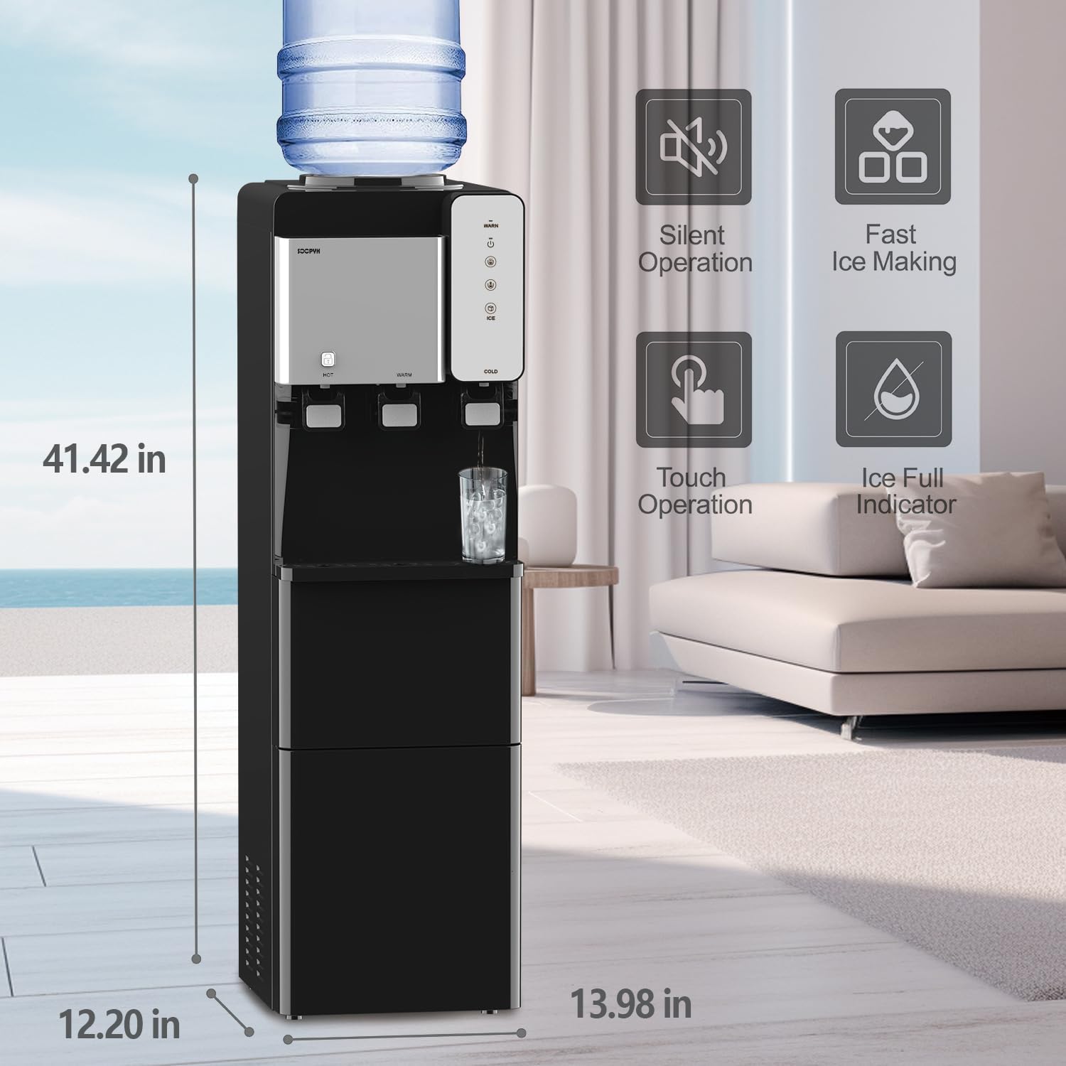 Hot and Cold Water Cooler Dispenser with Ice Maker 5 Gallon Bottle Top Load Built-in Ice Maker Perfect for Home Office