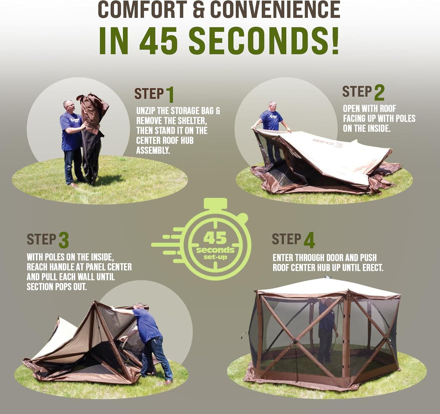 CLAM Quick-Set Pavilion 12.5 x 12.5 Ft Portable Pop-Up Outdoor Camping Screen Tent 6-Sided Canopy Shelter w/ Built-in Wind Panels & Carry Bag, Gray
