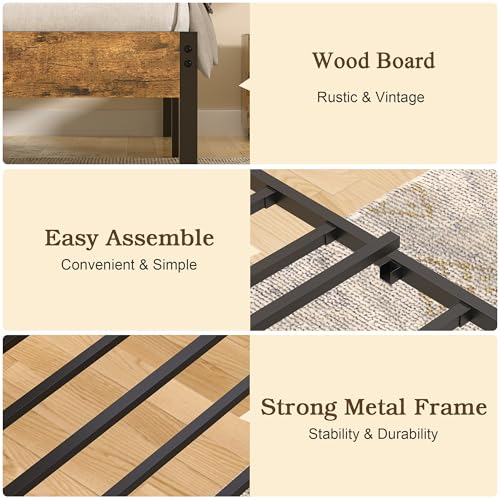VECELO 2 Set Twin Bed Frame with Wood Storage Headboard & Footboard, Heavy Duty Metal Platform, Large Under Bed Storage, Noise-Free, No Box Spring Needed, Easy Assembly, Rustic Brown