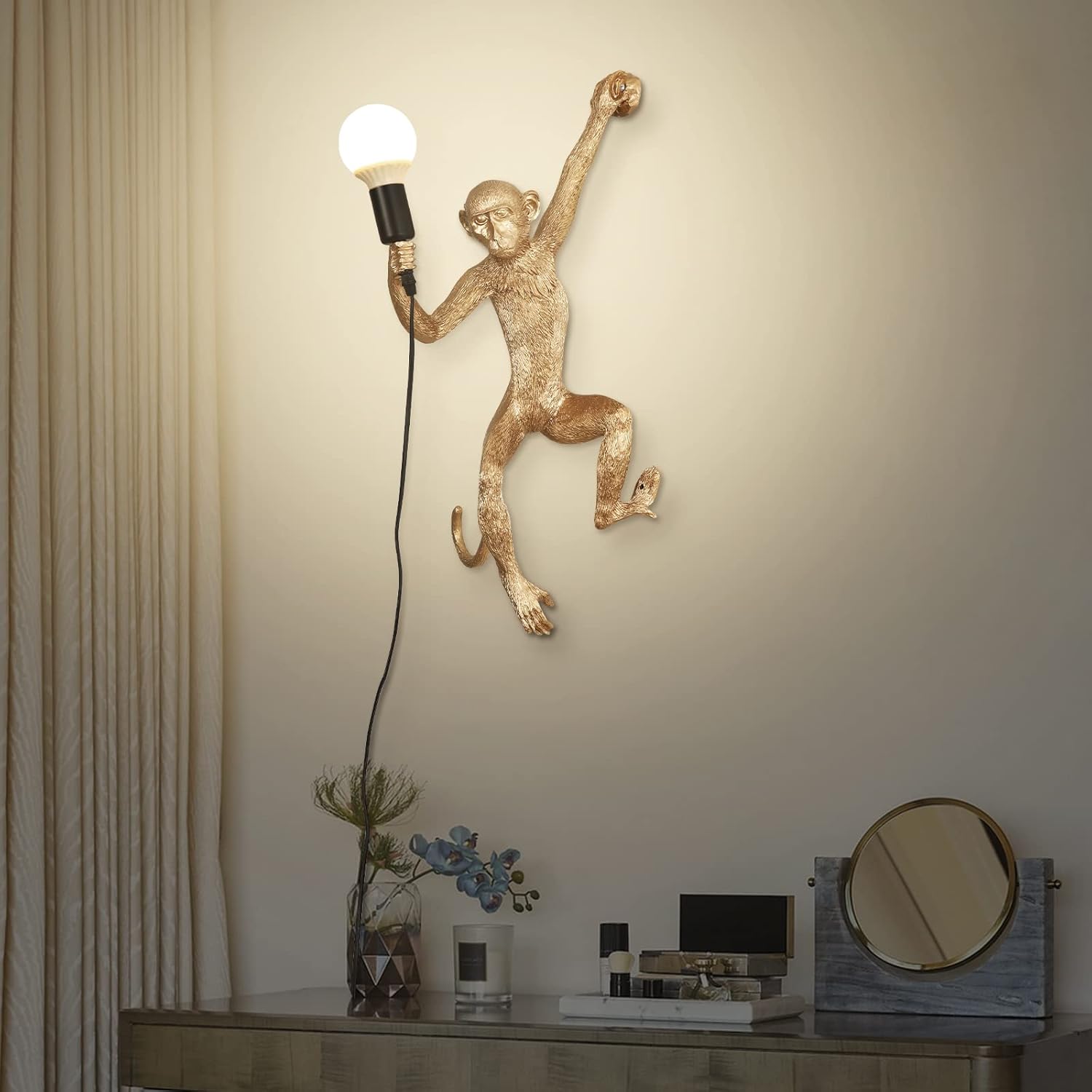 Gold/White Monkey Wall Light Table Light Creative Industrial Wall Lighting Fixture Unique Sitting Monkey Lighting Fixture for Dining Living Room Bedroom Bar Cafe KidsRoom (Gold, Wall Lamp)