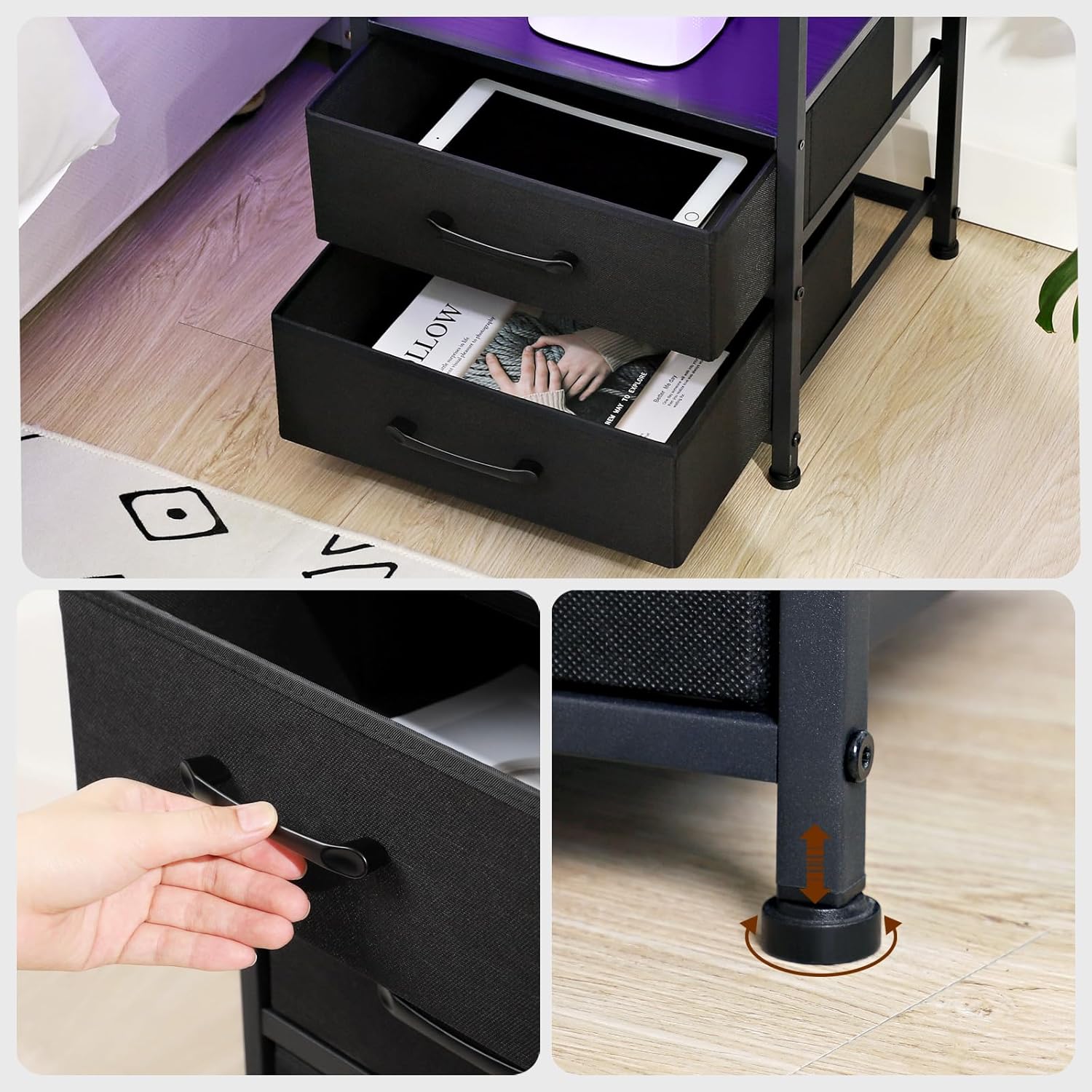 Nightstand Set of 2, Black Night Stand with Charging Station