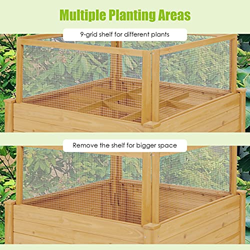 Giantex Raised Garden Bed with Fence, Wood Planter Raised Bed with Critter Guard Fence, 9 Grids Plant Container, Outdoor Plant Box for Garden Patio Backyard Balcony (42" Lx42 Wx32.5 H)