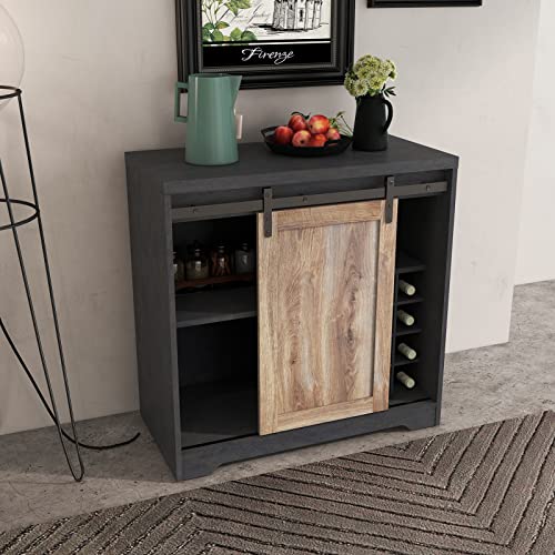 Farmhouse Coffee Bar Cabinet, Kitchen Hutch Storage Cabinet with Wine Rack Liquor Cabinet with Sliding Barn Door Wood Wine Cabinet Buffet Sideboard for Home, Living, Dining Room, Kitchen, Black