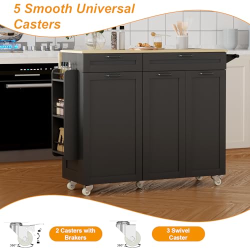 Rolling Kitchen Island with Power Outlet & Drop Leaf, Kitchen Island Cart with Trash Storage Cabinet,Kitchen Rolling Island with Spice Rack & Towel Rack, Knife Holder, Mobile Island Table for Kitchen