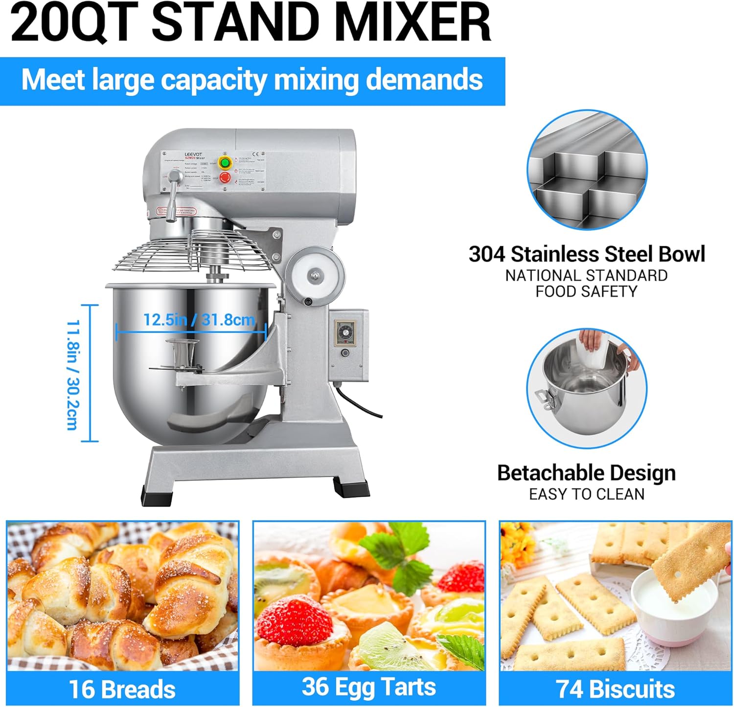20Qt 1100W Commercial Food Mixer, Commercial mixer 3-Speed Adjustable Heavy Duty Stand Mixer with Stainless Steel Bowl for Bakery Pizzeria. (Standard)