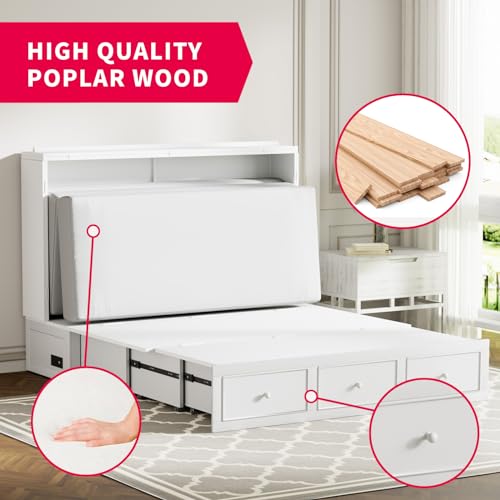 MUZZ Murphy Bed Queen with Foldable Mattress,Modern Cabinet Bed with Storage Drawer & USB Charging Station, Solid Wood Cube Cabinet Bed for Bedroom,Guest Room(Grey)
