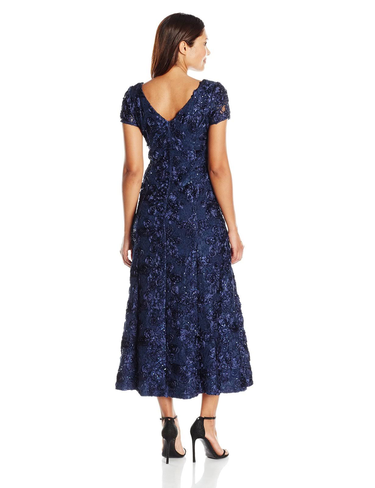 Alex Evenings Petite Rosette Lace A-Line Gown - Navy