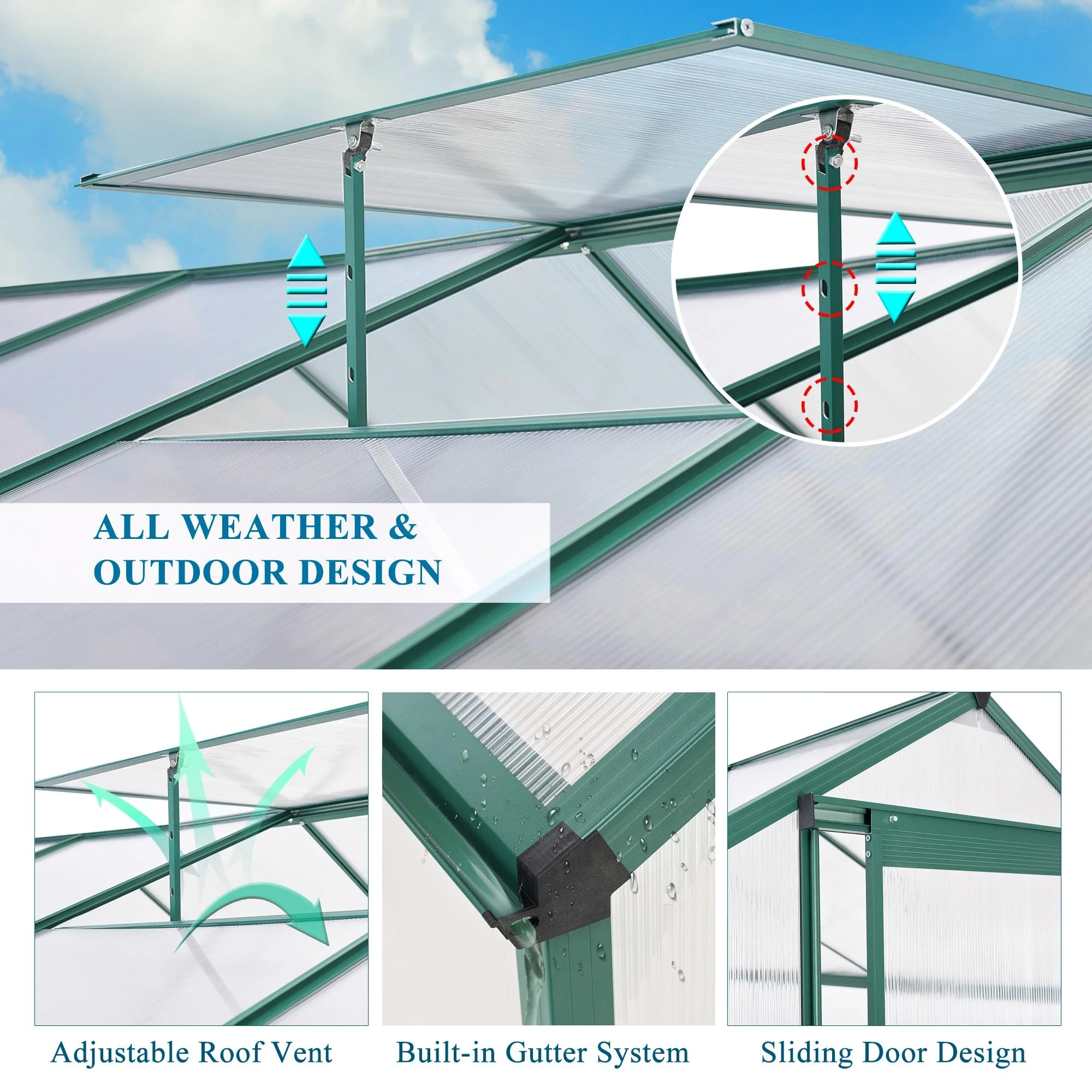 Outdoor Greenhouse Kit, Seizeen Polycarbonate Walk in Green house w/Aluminum Farm, Heavy Duty Garden Greenhouse with Window & Sliding Door, 8x6FT Large Size