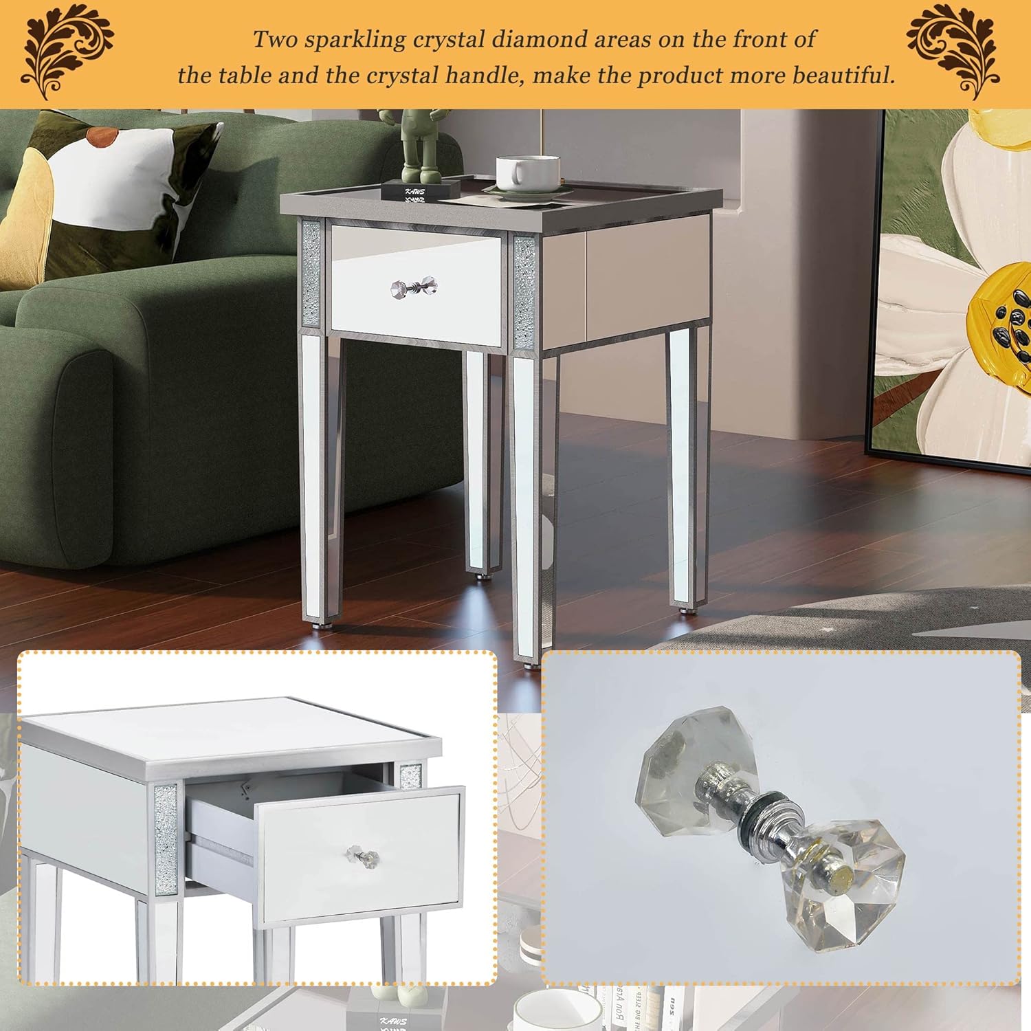 Modern Glass Mirrored End Table with Drawer, Corner Table with Crystal Handles and Adjustable Height Legs for Living Room, Silver
