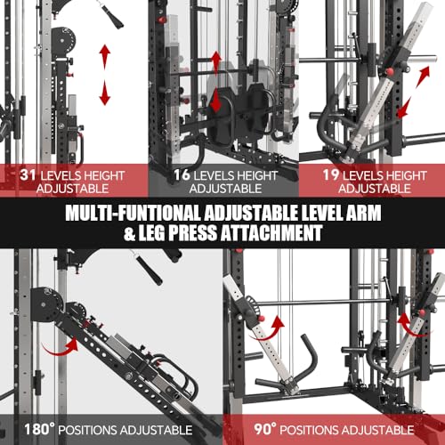 Commercial Smith Machine with Smith Bar, 4000LBS Power Cage Squat Rack with Lever Arm, Leg Press, LAT Pull Down System, Multi-Function Linear Bearing Cable Crossover Machine for Home Gym