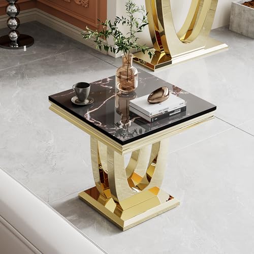Modern Luxury Faux Marble End Table with Polished Silver Stainless Steel U Base Square White Marble Side Table Elegant Small Bedside Table for Living Room Bedroom Office