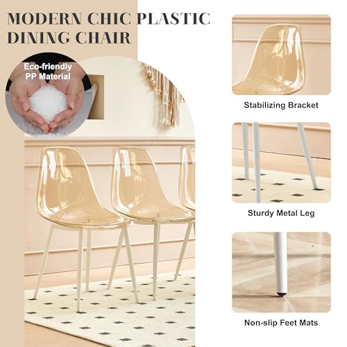 Round Glass Dining Table Set for 4, 47'' Circle Dining Table Set, Glass Dining Room Table Set for 4 with Clear Acrylic Chair, Kitchen Table Chairs Set with Round Base for Dining Room,Amber