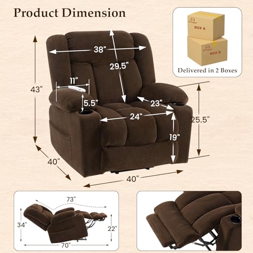 Large Power Lift Chairs Recliners for Elderly with Extended Footrest, Lift Chairs with Heat and Massage, Big and Tall Overstuffed Wide Recliner, 3 Positions (Plush Flannel, Dark Brown)