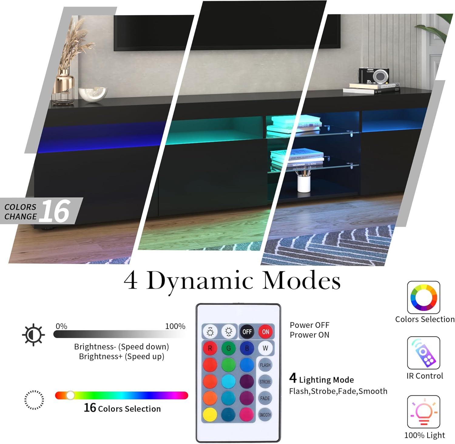 Modern Design TV Stands for TVs up to 80'', LED Light Entertainment Center, Media Console with Multi-Functional Storage, TV cabinet for Living room,Bedroom, Home Theatre (Black)
